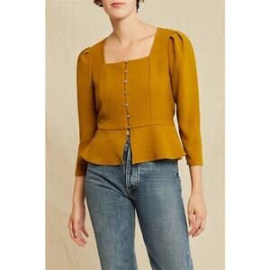 Amour Vert Nadja Mustard Yellow Square Neck Button Front Cropped Peplum Top M